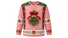 Load image into Gallery viewer, Ugly Christmas Mistletoe Kiss Hockey Jersey in Blush Pink, front view – blush rose pink body with a round giant-mistletoe, red-ribbon and gold-bell crest, mistletoe yoke, mistletoe and ribbon sleeve bands and a ribbon-and-bell hem band – custom name and number