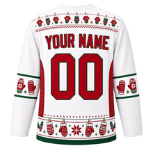 Load image into Gallery viewer, Ugly Christmas Mitten Clothesline Hockey Jersey in Snow White, back view with a red and green mini mitten yoke, mitten-pair sleeve bands, red knit side panels, a green-trimmed mitten hem band, red YOUR NAME and 00 – your name and number