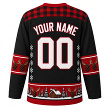 Load image into Gallery viewer, Ugly Christmas Moose Lodge Hockey Jersey in Charcoal Black, back view with a plaid yoke, antler and pinecone sleeve bands, pinecone and cabin hem band, arched YOUR NAME lettering and 00 – custom name and number