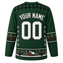 Load image into Gallery viewer, Ugly Christmas Moose Lodge Hockey Jersey in Pine Green, back view with a plaid yoke, antler and pinecone sleeve bands, pinecone and cabin hem band, arched YOUR NAME lettering and 00 – custom name and number