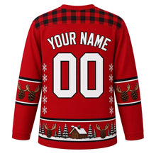 Load image into Gallery viewer, Ugly Christmas Moose Lodge Hockey Jersey in Buffalo Red, back view with a plaid yoke, antler and pinecone sleeve bands, pinecone and cabin hem band, arched YOUR NAME lettering and 00 – custom name and number