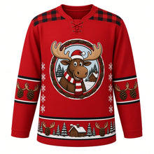 Load image into Gallery viewer, Ugly Christmas Moose Lodge Hockey Jersey in Buffalo Red, front view – buffalo red body with black plaid yoke with a round cartoon moose crest with a striped scarf by a snowy log cabin, plaid yoke, antler and pinecone sleeve bands and a pinecone hem band – custom name and number