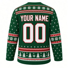 Load image into Gallery viewer, Ugly Christmas Nordic Star Pattern Hockey Jersey in Fir Green, back view with a snowflake and zigzag yoke, snowflake sleeve bands, a pixel pine tree hem band, arched YOUR NAME lettering and 00 – custom name and number