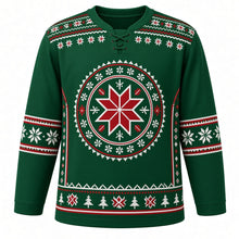 Load image into Gallery viewer, Ugly Christmas Nordic Star Pattern Hockey Jersey in Fir Green, front view – fir green body and a round Nordic star medallion ringed with geometric snowflakes and little pixel pine trees with a snowflake and zigzag yoke, snowflake sleeve bands and a pixel-pine hem band – custom name and number