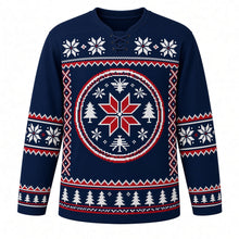 Load image into Gallery viewer, Ugly Christmas Nordic Star Pattern Hockey Jersey in Midnight Navy, front view – red and white pixel 8-point Nordic star medallion ringed with snowflakes and pixel pines, snowflake sleeve bands and a pixel-pine hem – custom name and number