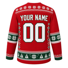Load image into Gallery viewer, Ugly Christmas Nordic Star Pattern Hockey Jersey in Nordic Red, back view with a snowflake and zigzag yoke, snowflake sleeve bands, a pixel pine tree hem band, arched YOUR NAME lettering and 00 – custom name and number