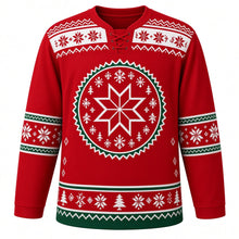 Load image into Gallery viewer, Ugly Christmas Nordic Star Pattern Hockey Jersey in Nordic Red, front view – nordic red body and a round Nordic star medallion ringed with geometric snowflakes and little pixel pine trees with a snowflake and zigzag yoke, snowflake sleeve bands and a pixel-pine hem band – custom name and number
