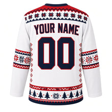 Load image into Gallery viewer, Ugly Christmas Nordic Star Pattern Hockey Jersey in Snow White, back view with a snowflake and zigzag yoke, snowflake sleeve bands, a pixel pine tree hem band, arched YOUR NAME lettering and 00 – custom name and number