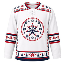 Load image into Gallery viewer, Ugly Christmas Nordic Star Pattern Hockey Jersey in Snow White, front view – snow white body and a round Nordic star medallion ringed with geometric snowflakes and little pixel pine trees with a snowflake and zigzag yoke, snowflake sleeve bands and a pixel-pine hem band – custom name and number