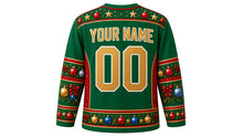 Load image into Gallery viewer, Ugly Christmas Ornament Overload Hockey Jersey in Emerald Green, back view with a bauble and star yoke, ornament and garland sleeve bands, bauble hem band, arched YOUR NAME lettering and 00 – custom name and number