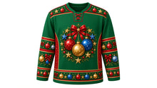 Load image into Gallery viewer, Ugly Christmas Ornament Overload Hockey Jersey in Emerald Green, front view – emerald green body with a round glass-ornament, bow and pine-wreath crest, bauble yoke, ornament and garland sleeve bands and a bauble hem band – custom name and number