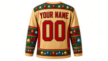 Load image into Gallery viewer, Ugly Christmas Ornament Overload Hockey Jersey in Champagne Gold, back view with a bauble and star yoke, ornament and garland sleeve bands, bauble hem band, arched YOUR NAME lettering and 00 – custom name and number
