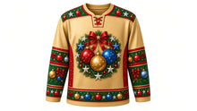 Load image into Gallery viewer, Ugly Christmas Ornament Overload Hockey Jersey in Champagne Gold, front view – champagne gold body with a round glass-ornament, bow and pine-wreath crest, bauble yoke, ornament and garland sleeve bands and a bauble hem band – custom name and number