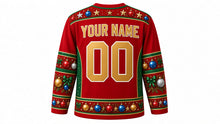 Load image into Gallery viewer, Ugly Christmas Ornament Overload Hockey Jersey in Ruby Red, back view with a bauble and star yoke, ornament and garland sleeve bands, bauble hem band, arched YOUR NAME lettering and 00 – custom name and number
