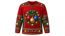Load image into Gallery viewer, Ugly Christmas Ornament Overload Hockey Jersey in Ruby Red, front view – ruby red body with a round glass-ornament, bow and pine-wreath crest, bauble yoke, ornament and garland sleeve bands and a bauble hem band – custom name and number