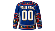 Load image into Gallery viewer, Ugly Christmas Ornament Overload Hockey Jersey in Sapphire Blue, back view with a bauble and star yoke, ornament and garland sleeve bands, bauble hem band, arched YOUR NAME lettering and 00 – custom name and number