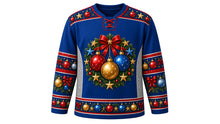 Load image into Gallery viewer, Ugly Christmas Ornament Overload Hockey Jersey in Sapphire Blue, front view – sapphire blue body with a round glass-ornament, bow and pine-wreath crest, bauble yoke, ornament and garland sleeve bands and a bauble hem band – custom name and number