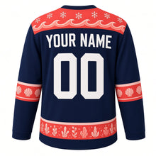 Load image into Gallery viewer, Ugly Christmas Sea Otter Snowfall Hockey Jersey in Deep Navy, back view with coral red wave and snowflake yoke, scallop shell sleeve bands and a coral kelp hem band, arched YOUR NAME and 00 – your name and number