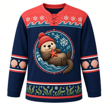 Load image into Gallery viewer, Ugly Christmas Sea Otter Snowfall Hockey Jersey in Deep Navy, front view – deep navy body, round chest crest of a sea otter on its back in a red pom-pom hat clutching a starfish under snowflakes, coral red wave and snowflake yoke, scallop shell sleeve bands and a kelp and bubble hem – custom name and number