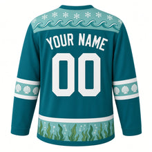 Load image into Gallery viewer, Ugly Christmas Sea Otter Snowfall Hockey Jersey in Ocean Teal, back view with seafoam mint wave and snowflake yoke, scallop shell sleeve bands and a kelp and bubble hem band, arched YOUR NAME and 00 – your name and number