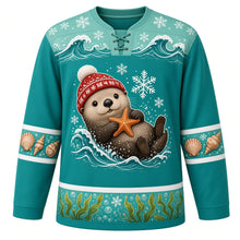 Load image into Gallery viewer, Ugly Christmas Sea Otter Snowfall Hockey Jersey in Ocean Teal, front view – ocean teal body, sea otter floating on its back in a red pom-pom hat hugging a starfish among snowflakes and waves, seafoam wave and snowflake yoke, seashell sleeve bands and a kelp and bubble hem – custom name and number