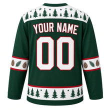 Load image into Gallery viewer, Ugly Christmas Snowy Owl Woods Hockey Jersey in Spruce Green, back view with a pine-tree-and-star yoke, pinecone sleeve bands, pine-tree hem band, arched YOUR NAME lettering and 00 – custom name and number