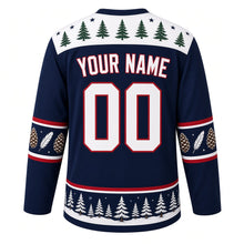 Load image into Gallery viewer, Ugly Christmas Snowy Owl Woods Hockey Jersey in Midnight Navy, back view with a pine-tree-and-star yoke, pinecone sleeve bands, pine-tree hem band, arched YOUR NAME lettering and 00 – custom name and number