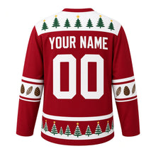Load image into Gallery viewer, Ugly Christmas Snowy Owl Woods Hockey Jersey in Cranberry Red, back view with a pine-tree-and-star yoke, pinecone sleeve bands, pine-tree hem band, arched YOUR NAME lettering and 00 – custom name and number