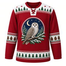 Load image into Gallery viewer, Ugly Christmas Snowy Owl Woods Hockey Jersey in Cranberry Red, front view – cranberry red body with white yoke with a round owl crest on a snowy pine branch under a crescent moon, pine-tree-and-star yoke, pinecone sleeve bands and a pine-tree hem band – custom name and number