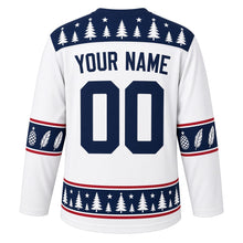 Load image into Gallery viewer, Ugly Christmas Snowy Owl Woods Hockey Jersey in Frost White, back view with a pine-tree-and-star yoke, pinecone sleeve bands, pine-tree hem band, arched YOUR NAME lettering and 00 – custom name and number