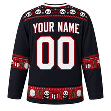 Load image into Gallery viewer, Ugly Christmas Panda Snow Romp Hockey Jersey in Midnight Black, back view with a red-trimmed panda-face yoke, red gift-and-bamboo sleeve bands, a snowball and panda hem band, white YOUR NAME and 00 – your name and number