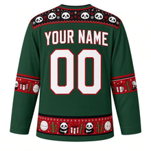 Load image into Gallery viewer, Ugly Christmas Panda Snow Romp Hockey Jersey in Pine Green, back view with a black panda-face snowflake yoke, red panda sleeve bands, a red bamboo and snowball hem band, white YOUR NAME and 00 – your name and number
