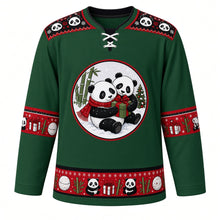 Load image into Gallery viewer, Ugly Christmas Panda Snow Romp Hockey Jersey in Pine Green, front view – snowy round crest of two hugging pandas with a red scarf and a wrapped green present beside bamboo stalks, black panda-face yoke, red gift box sleeve bands and a red panda, bamboo and snowball hem band – custom name and number