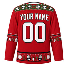 Load image into Gallery viewer, Ugly Christmas Panda Snow Romp Hockey Jersey in Berry Red, back view with a green panda-face yoke with poinsettia snowflakes, gift and bamboo sleeve bands, a panda hem band, white YOUR NAME and 00 – your name and number