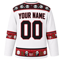 Load image into Gallery viewer, Ugly Christmas Panda Snow Romp Hockey Jersey in Frost White, back view with a black panda-face yoke with red zigzag, red gift-and-bamboo sleeve bands, a panda and snowball hem band, black YOUR NAME and 00 – your name and number