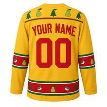 Load image into Gallery viewer, Ugly Christmas Partridge Pear Tree Hockey Jersey in Golden Pear, back view with a pear-and-leaf yoke, partridge-and-pear sleeve bands, a pear-tree and partridge hem band, arched YOUR NAME lettering and 00 – custom name and number