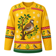 Load image into Gallery viewer, Ugly Christmas Partridge Pear Tree Hockey Jersey in Golden Pear, front view – golden pear body and a free-standing pear tree with green pears and a plump brown partridge with a pear-and-leaf yoke and partridge-and-pear sleeve bands – custom name and number