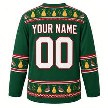 Load image into Gallery viewer, Ugly Christmas Partridge Pear Tree Hockey Jersey in Pine Green, back view with a pear-and-leaf yoke, partridge-and-pear sleeve bands, a pear-tree and partridge hem band, arched YOUR NAME lettering and 00 – custom name and number