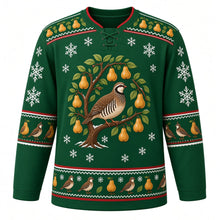 Load image into Gallery viewer, Ugly Christmas Partridge Pear Tree Hockey Jersey in Pine Green, front view – pine green body and a free-standing pear tree with golden pears and a plump brown partridge with a pear-and-leaf yoke and partridge-and-pear sleeve bands – custom name and number