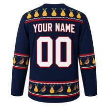 Load image into Gallery viewer, Ugly Christmas Partridge Pear Tree Hockey Jersey in Midnight Navy, back view with a pear-and-leaf yoke, partridge-and-pear sleeve bands, a pear-tree and partridge hem band, arched YOUR NAME lettering and 00 – custom name and number