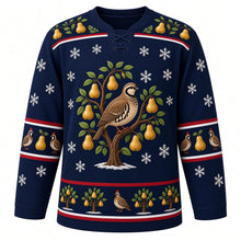 Load image into Gallery viewer, Ugly Christmas Partridge Pear Tree Hockey Jersey in Midnight Navy, front view – midnight navy body and a free-standing pear tree with golden pears and a plump brown partridge with a pear-and-leaf yoke and partridge-and-pear sleeve bands – custom name and number