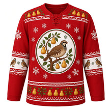 Load image into Gallery viewer, Ugly Christmas Partridge Pear Tree Hockey Jersey in Holly Red, front view – holly red body and a round cream crest of a plump brown partridge perched in a pear tree with golden pears with a pear-and-leaf yoke and partridge-and-pear sleeve bands – custom name and number