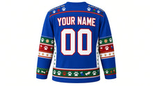 Load image into Gallery viewer, Ugly Christmas Pawsitively Festive Hockey Jersey in Cobalt Blue, back view with a paw-print and bone yoke, paw and stocking sleeve bands, paw-print hem band, arched YOUR NAME lettering and 00 – custom name and number