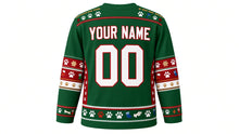 Load image into Gallery viewer, Ugly Christmas Pawsitively Festive Hockey Jersey in Pine Green, back view with a paw-print and bone yoke, paw and stocking sleeve bands, paw-print hem band, arched YOUR NAME lettering and 00 – custom name and number