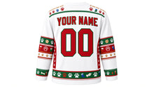 Load image into Gallery viewer, Ugly Christmas Pawsitively Festive Hockey Jersey in Snow White, back view with a paw-print and bone yoke, paw and stocking sleeve bands, paw-print hem band, arched YOUR NAME lettering and 00 – custom name and number