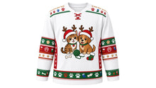 Load image into Gallery viewer, Ugly Christmas Pawsitively Festive Hockey Jersey in Snow White, front view – snow white body with a round cartoon cat-and-dog crest in Santa hats and antlers with yarn, bone and stocking, paw-print yoke, paw and stocking sleeve bands and a paw-print hem band – custom name and number