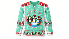 Load image into Gallery viewer, Ugly Christmas Penguin Party Hockey Jersey in Mint Green, front view – mint green body with a round three-penguin party crest on an ice floe with gifts and lights, penguin yoke, penguin sleeve bands and a penguin-parade hem band – custom name and number