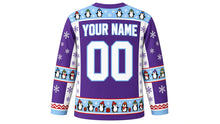 Load image into Gallery viewer, Ugly Christmas Penguin Party Hockey Jersey in Royal Purple, back view with a penguin and snowflake yoke, penguin sleeve bands, penguin-parade hem band, YOUR NAME lettering and 00 – custom name and number