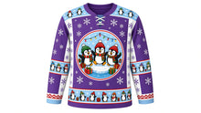 Load image into Gallery viewer, Ugly Christmas Penguin Party Hockey Jersey in Royal Purple, front view – royal purple body with a round three-penguin party crest on an ice floe with gifts and lights, penguin yoke, penguin sleeve bands and a penguin-parade hem band – custom name and number