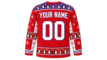 Load image into Gallery viewer, Ugly Christmas Penguin Party Hockey Jersey in Candy Red, back view with a penguin and snowflake yoke, penguin sleeve bands, penguin-parade hem band, YOUR NAME lettering and 00 – custom name and number